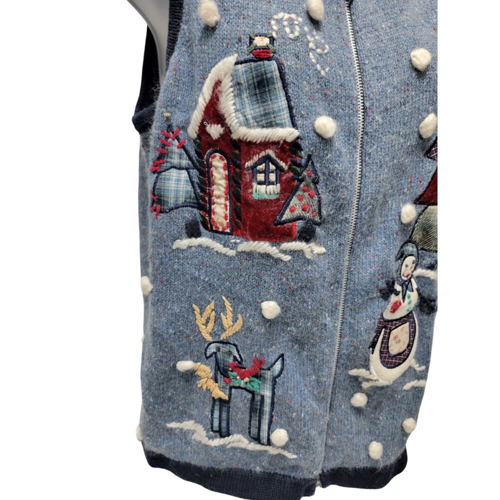 VTG Christmas Sweater Vest Womens SZ S VICTORIA JONES Embroidered UGLY Zip Blue - Picture 5 of 7